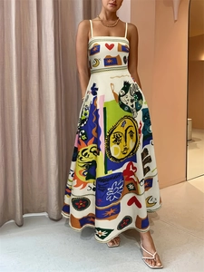 Vestido largo de corte A para mujer con estampados abstractos de sol y luna coloridos