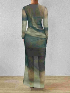 Slim fit tie-dye mesh long sleeve dress with ruched details and transparent hem