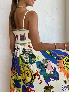 Vestido línea A sin mangas con estampado de grafiti geométrico y espalda fruncida