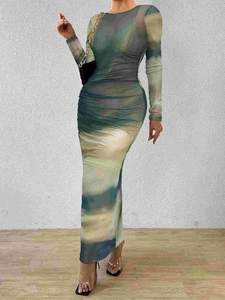 Slim fit long sleeve bodycon maxi dress with abstract blue tie-dye print and side ruching