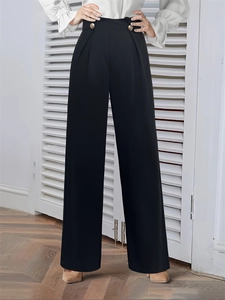 Women Elegant High Waist Wide Leg Pants Golden Buttons Solid Color Stretch Straight Trousers Office Casual Daily Wear