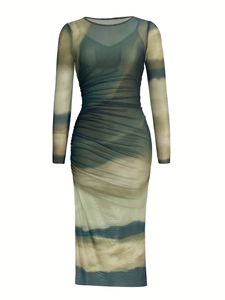 Detailed view of long sleeve floral mesh dress featuring ruched texture and gradient print