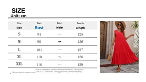 Size chart for women's elegant V-neck solid tiered sleeveless maxi dress in red color