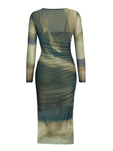 Detail view of the elegant marble print mesh fabric with ruched side seams on the dress back