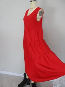 Detailed back view of sleeveless tiered red maxi dress with elegant V-neckline