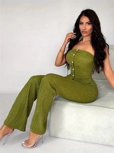 Women Elegant Deep Green Strapless Tube Top And Flare Pants Set Button Decor Pleated Polyester Stretch Fashion Suits