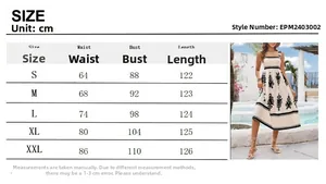 Detailed size chart for the elegant sleeveless printed maxi dress with floral patterns