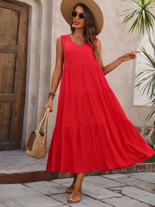 Elegant red sleeveless V-neck tiered maxi dress with loose hem for summer holidays
