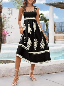 Women Summer Bohemian Printed Midi Dress Smocked Bust Strappy Resort Style Elegant Beach Sundress For Vacation