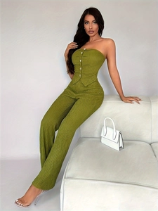 Olive green two-piece set for women featuring strapless tube top and flare leg trousers