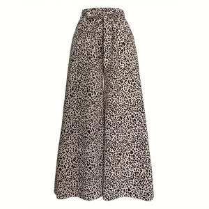 Detailed view of high waisted leopard print wide leg pants with matching waist tie bow