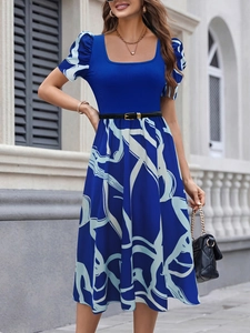 Elegant royal blue rib knit midi dress with white abstract prints and puff sleeves