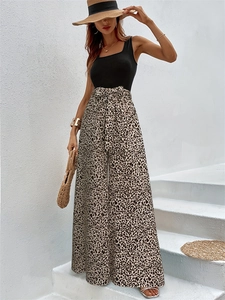 Women High Waist Leopard Print Flare Pants Stretchy Wide Leg Trousers With Bow Belt Office Commuter Elegant Long Pants Fashion