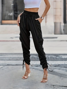 Women High Waist Cargo Pants Large Pockets Drawstring Ruched Tied Ankle Satin Finish Casual Commute Streetwear Jogger Trousers