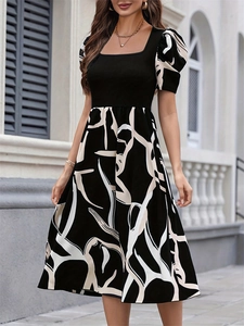 Elegant Women Square Neck Puff Sleeve Midi Dress Abstract Print Splicing High Waist Slim A-Line Knit Dress With Belt