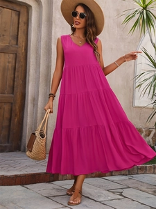 Elegant rose red V-neck tiered sleeveless maxi dress for women on a summer vacation
