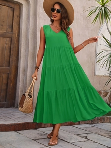 Elegant grass green V-neck sleeveless tiered maxi dress for women in summer holiday style