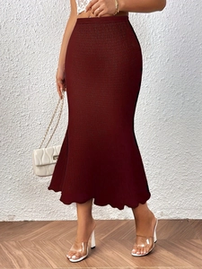 Elegant high waist wine red pleated mermaid midi skirt with ruffle hem for women