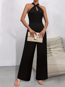Tuta Intera Donna Elegante Scollo all'Americana Senza Maniche Vita Alta Gamba Larga Tinta Unita Nodo Ritaglio Tuta Festa