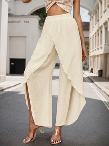 Elegant beige high-waisted wide-leg trousers with split layer for beach vacation style
