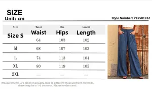 Size chart for women's high-waisted wide-leg drawstring trousers with detailed measurements