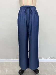 Women high waist wide leg navy blue trousers with elastic drawstring waistband and soft texture