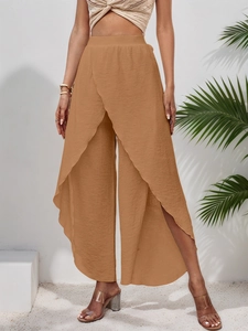 Women's High Waist Wide Leg Crossover Slit Pants Elegant Loose Holiday Beach Casual Trousers Solid Color Woven Trousers