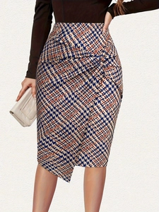 Women Elegant High Waist Houndstooth Midi Skirt Twist Knot Asymmetric Wrap Pencil Skirt For Commute Office Casual Fashion Bottom