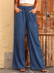 Women High Waist Wide Leg Pants Casual Drawstring Smocked Waist Trousers With Pockets Denim Look Rayon Polyester Long Pants