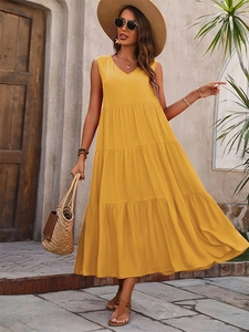 Elegant yellow V-neck sleeveless tiered maxi dress for women in a loose holiday style