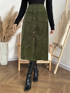 Gonna Midi in Velluto a Coste Retrò da Donna Vita Elastica Gonna Dritta Monopetto Con Tasche Applicate Abbigliamento Moda Autunnale