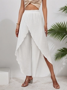 Elegant white high-waisted wide-leg trousers with front split design for summer vacation