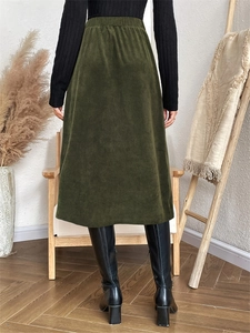 Gonna midi casual in velluto a coste verde militare con vita elastica da donna autunno