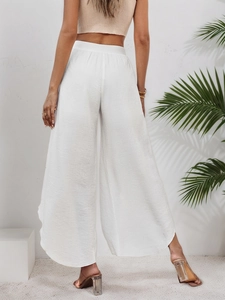 Women's high waist wide leg beach pants in white cotton linen with elastic back waist
