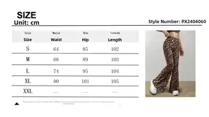 Size chart showing waist and hip measurements for leopard print flare pants