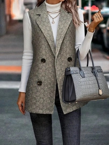 Dunkelgraue Damen Strickweste mit Fischgrätmuster und zweireihigem Knopfleisten-Design