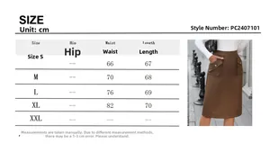 Size guide for brown cargo skirt featuring elastic waist and utility pockets