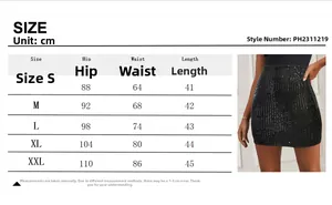 Detailed size chart for the sequin mini skirt with Hip, Waist, and Length measurements