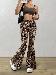 Women's high waist leopard print flare pants with stretch knit fabric for casual style