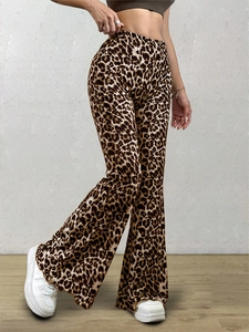 Women Sexy Leopard Print Flare Pants High Waist Elastic Flared Leg Trousers Casual Fashion Long Bell Bottom Pants