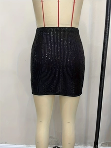 Sparkly black sequin bodycon mini skirt with high waist for festive party and club wear