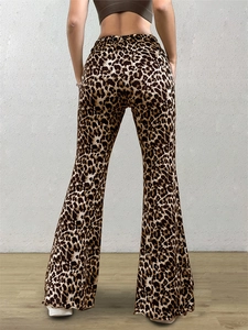 Women's high waist leopard print flared trousers with elastic fit and ruffled hems
