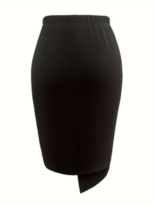 Detail of high waist black pencil skirt featuring asymmetric wrap hem and textured fabric