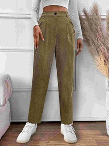 Women's High Waisted Corduroy Straight Leg Pants Casual Solid Color Wide Leg Trousers With Pockets Autumn Winter Clothes