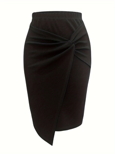 Detailed view of black wrap skirt featuring an asymmetric front twist knot and drape texture