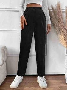 Women's black high-waisted corduroy straight pants with elastic waist and side pockets