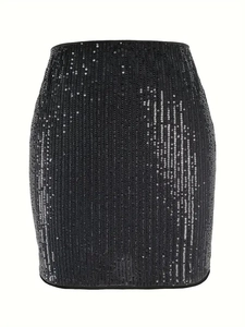 Close-up detail of shimmering black sequins and fine stitching on a high-waisted mini skirt