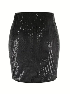 Detailed view of dense black sequins on high-waisted mini skirt with shimmering texture