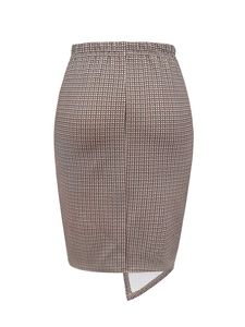 Detail of high waist plaid skirt with elastic waistband and asymmetrical hemline