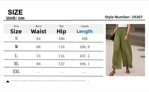 Size chart for high-waisted pleated wide-leg trousers including waist and hip measurements